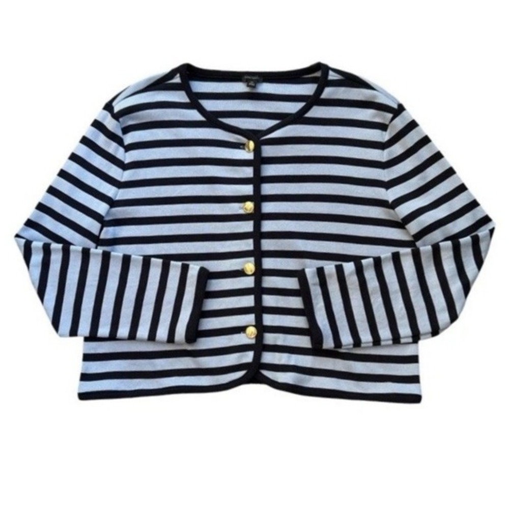 Ann Taylor Spring 25 Blue Black Stripe Gold Button Cardigan‎ XXL Nautical EUC